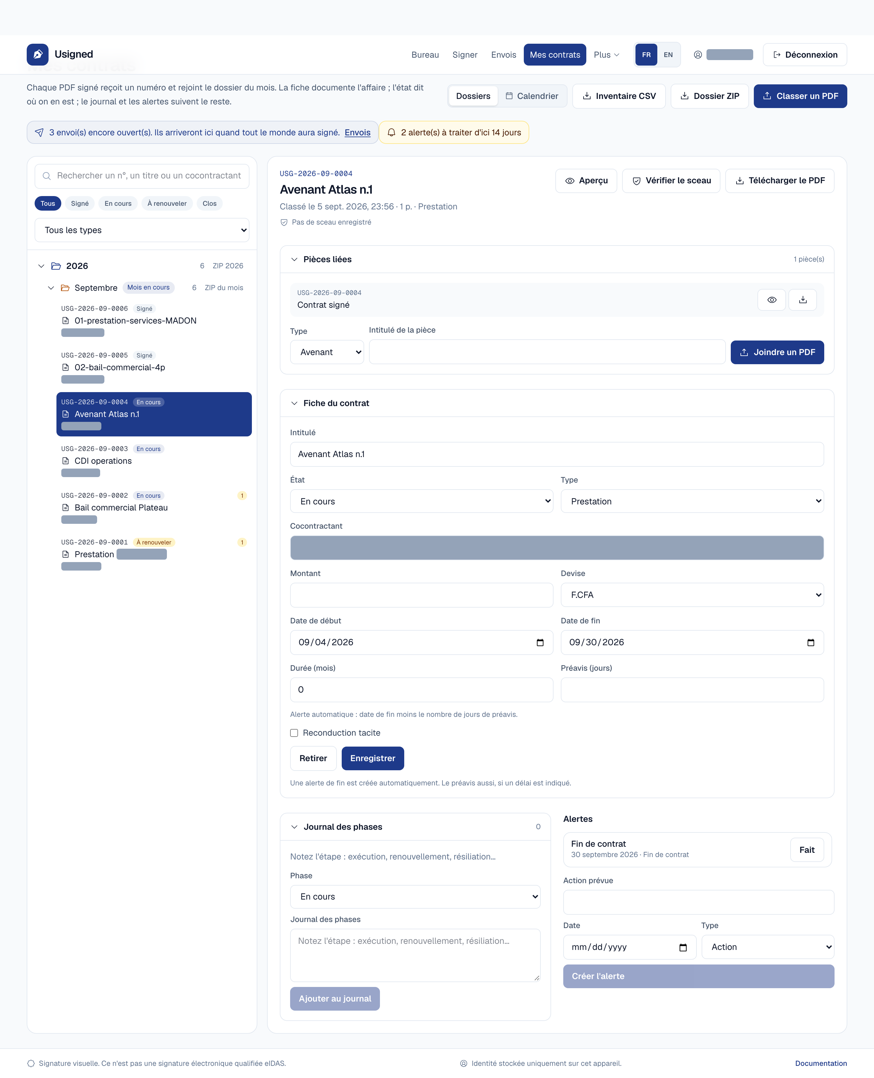 Fiche contrat et alertes